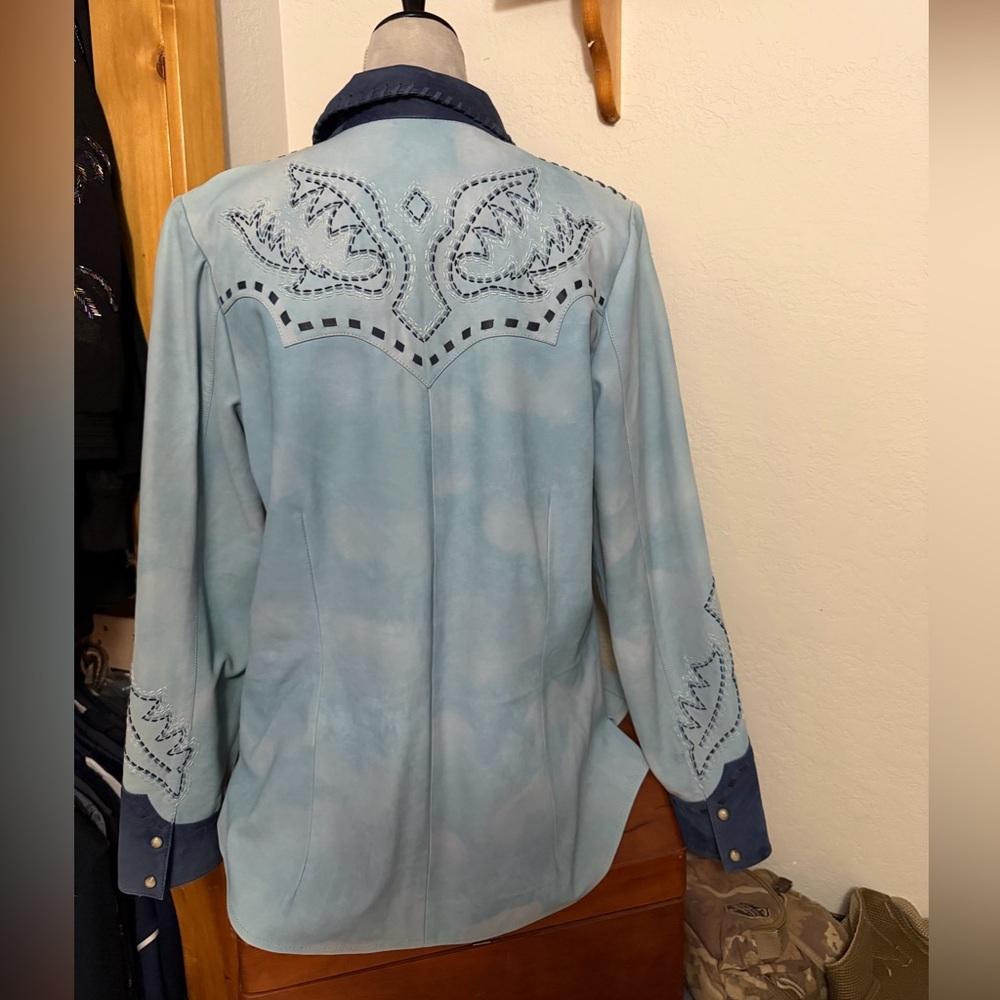 Double D Ranch Light Blue Leather Western Shirt Jacket with Navy Trim